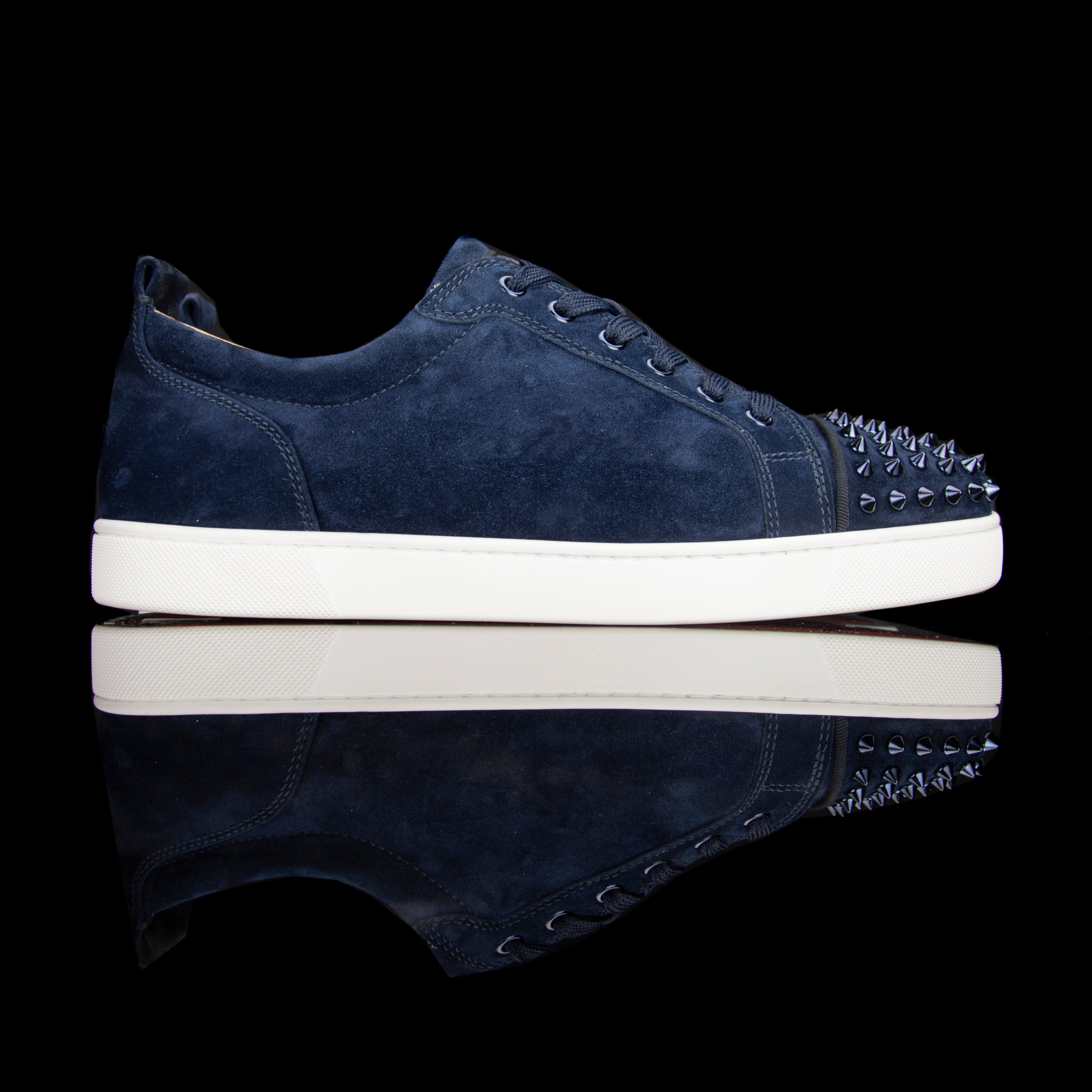 Christian Louboutin-Louis Junior Low Spikes-Pre Order Duration (3-5 Working Days) Colour: Marine 2019 Release Limited Stock Material: Suede Velours, Metal Spikes The 2019 release Christian Louboutin Louis Junior Flat Spikes composed of Suede Velour comes
