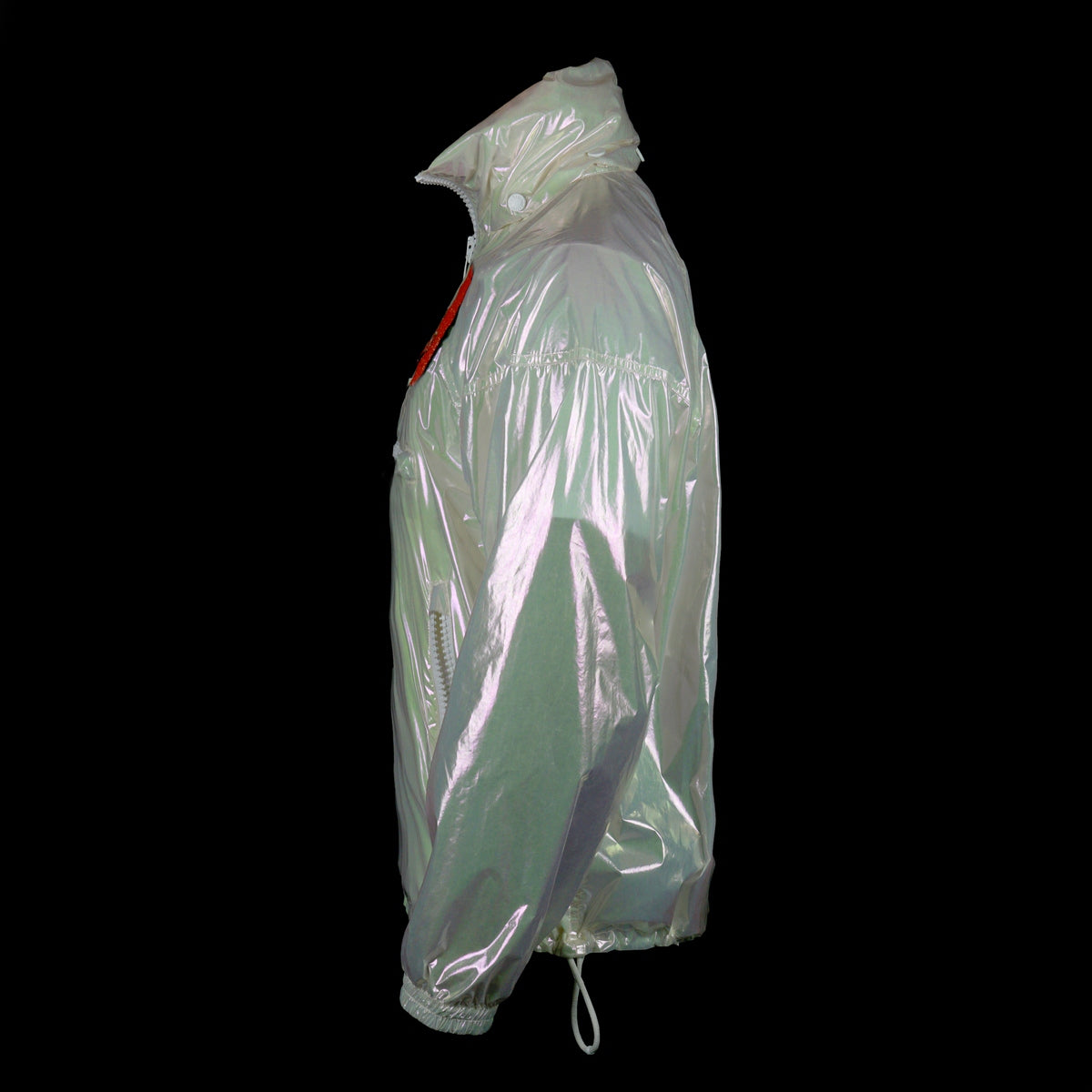 Louis Vuitton-Windbreaker-Colour: Iridescent Style: Windbreaker Material: Transparent Iridescent PVC Virgil Abloh SS19 exclusive pop up item Zipper front Back LV large logo Beaded patches Zippers along front Drawstring bottom Made in Italy-fabriqe.com